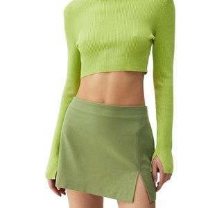 Pull&Bear Green Mid Rise Mini Skirt with Slit
